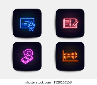 Neon glow lights. Set of Certificate, Feedback and Cashback icons. Column diagram sign. Verified document, Book with pencil, Financial transfer. Sale statistics.  Neon icons. Glowing light banners
