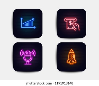 Neon glow lights. Set of Chart, Microphone and Atm service icons. Rocket sign. Presentation chart, Mic, Cash investment. Spaceship.  Neon icons. Glowing light banners. Vector