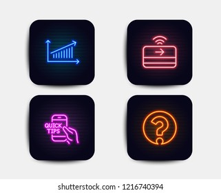 Neon glow lights. Set of Chart, Education and Contactless payment icons. Question mark sign. Presentation chart, Quick tips, Financial payment. Ask support.  Neon icons. Glowing light banners. Vector