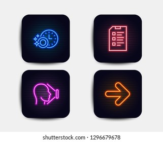 Neon glow lights. Set of Checklist, Face id and Dishwasher timer icons. Next sign. Data list, Identification system, Cleaning dishes. Forward.  Neon icons. Glowing light banners. Vector