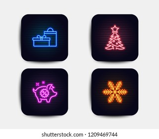 Neon glow lights. Set of Christmas tree, Gifts and Piggy sale icons. Snowflake sign. Spruce, Birthday boxes, Discounts. Air conditioning.  Neon icons. Glowing light banners. Vector