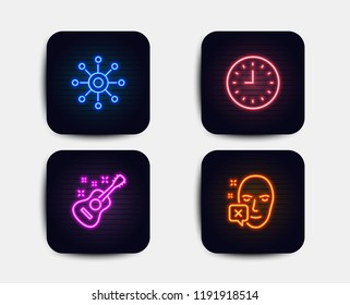 Neon glow lights. Set of Clock, Guitar and Multichannel icons. Face declined sign. Time or watch, Acoustic instrument, Multitasking. Identification error.  Neon icons. Glowing light banners. Vector