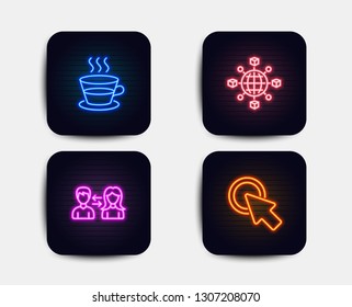 Neon glow lights. Set of Coffee cup, Logistics network and People communication icons. Click here sign. Tea mug, International tracking, People talking. Push button.  Neon icons. Glowing light banners