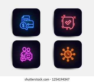 Neon glow lights. Set of Confirmed, Communication and Accounting report icons. World time sign. Accepted message, Business messages, Financial case. Measurement device.  Neon icons. Vector