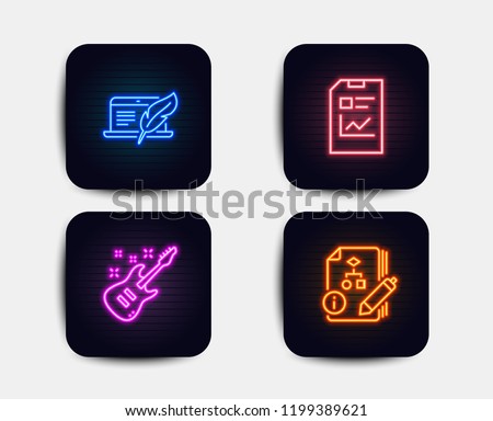 Neon glow lights. Set of Copyright laptop, Report document and Electric guitar icons. Algorithm sign. Writer device, Statistics file, Musical instrument. Project.  Neon icons. Glowing light banners