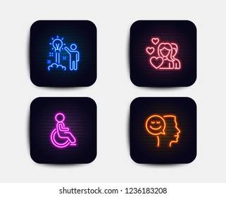 Neon glow lights. Set of Creative idea, Couple and Disabled icons. Good mood sign. Startup, Valentines day, Handicapped wheelchair. Positive thinking.  Neon icons. Glowing light banners. Vector