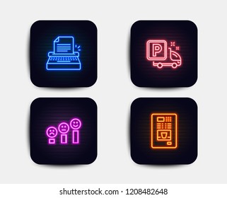 Neon glow lights. Set of Customer satisfaction, Truck parking and Typewriter icons. Coffee vending sign. Happy smile chart, Free park, Writer machine. Coffee vending machine.  Neon icons. Vector