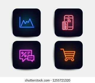 Neon glow lights. Set of Diagram, Contactless payment and Discounts icons. Market sale sign. Growth graph, Phone money, Best offer. Customer buying.  Neon icons. Glowing light banners. Vector