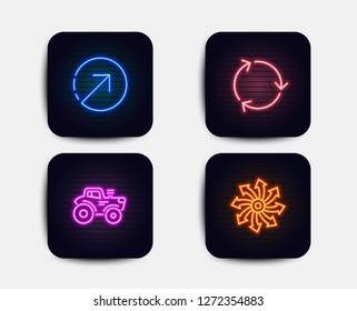 Neon glow lights. Set of Direction, Tractor and Recycling icons. Versatile sign. Navigation pointer, Farm transport, Reduce waste. Multifunction.  Neon icons. Glowing light banners. Vector