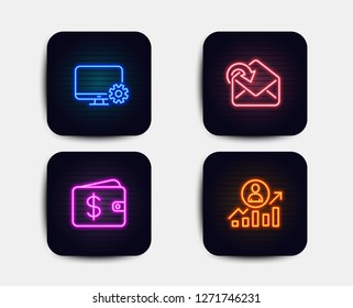 Neon glow lights. Set of Dollar wallet, Monitor settings and Receive mail icons. Career ladder sign. Cash money, Service cogwheel, Incoming message. Manager results.  Neon icons. Glowing light banners