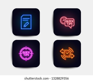 Neon glow lights. Set of Edit document, Quick tips and Tips icons. Timer sign. Page with pencil, Helpful tricks, Quick tricks. Stopwatch.  Neon icons. Glowing light banners. Vector