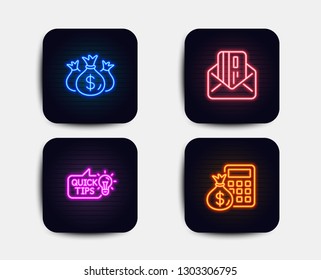 Neon glow lights. Set of Education idea, Credit card and Check investment icons. Finance calculator sign. Quick tips, Mail, Business report. Calculate money.  Neon icons. Glowing light banners. Vector