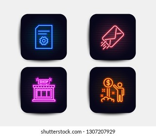 Neon glow lights. Set of E-mail, File settings and Shop icons. Income money sign. Mail delivery, File management, Store. Wealth.  Neon icons. Glowing light banners. Vector