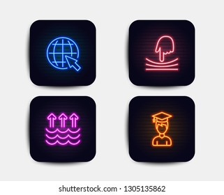Neon glow lights. Set of Evaporation, Internet and Elastic icons. Student sign. Global warming, World web, Resilience. Graduation cap.  Neon icons. Glowing light banners. Vector