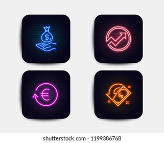 Neon glow lights. Set of Exchange currency, Income money and Audit icons. Cashback sign. Reshresh exchange rate, Savings, Arrow graph. Receive money.  Neon icons. Glowing light banners. Vector