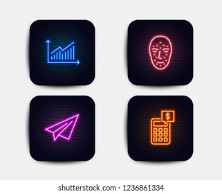 Neon glow lights. Set of Face biometrics, Graph and Paper plane icons. Calculator sign. Facial recognition, Presentation diagram, Airplane. Money management.  Neon icons. Glowing light banners. Vector