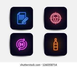 Neon glow lights. Set of Face detect, Money currency and Article icons. Wine bottle sign. Select target, Cash change, Feedback. Cabernet sauvignon.  Neon icons. Glowing light banners. Vector