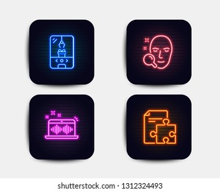 Neon glow lights. Set of Face search, Crane claw machine and Music making icons. Strategy sign. Find user, Attraction park, Dj app. Puzzle.  Neon icons. Glowing light banners. Vector