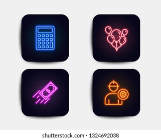 Neon glow lights. Set of Fast payment, Balloons and Calculator icons. Engineer sign. Finance transfer, Air balloons, Accounting device. Worker with cogwheel.  Neon icons. Glowing light banners. Vector