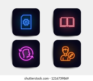 Neon glow lights. Set of File management, Face id and Book icons. Edit person sign. Doc with cogwheel, Identification system, E-learning course. Change user info.  Neon icons. Glowing light banners