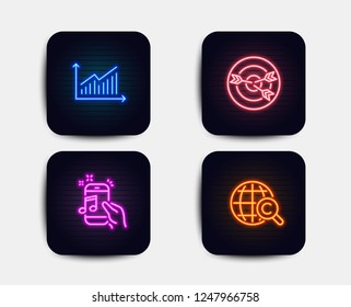 Neon glow lights. Set of Graph, Music phone and Targeting icons. International copyright sign. Presentation diagram, Radio sound, Target with arrows. World copywriting.  Neon icons. Vector