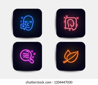 Neon glow lights. Set of Head, Skin condition and Face declined icons. Mint leaves sign. Profile messages, Search magnifier, Identification error. Mentha herbal.  Neon icons. Glowing light banners