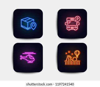 Neon glow lights. Set of Helicopter, Parcel tracking and Bus parking icons. Roller coaster sign. Copter, Package location pin, Public park. Attraction park.  Neon icons. Glowing light banners. Vector