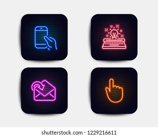 Neon glow lights. Set of Hold smartphone, Receive mail and Typewriter icons. Hand click sign. Phone call, Incoming message, Inspiration. Location pointer.  Neon icons. Glowing light banners. Vector