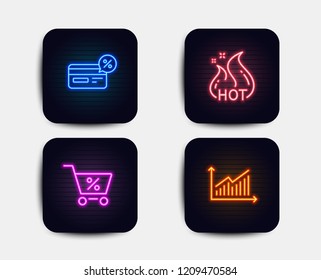 Neon glow lights. Set of Hot sale, Cashback and Special offer icons. Graph sign. Shopping flame, Non-cash payment, Discounts. Presentation diagram.  Neon icons. Glowing light banners. Vector
