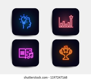 Neon glow lights. Set of Idea, Efficacy and Music book icons. Victory sign. Professional job, Business chart, Musical note. Championship prize.  Neon icons. Glowing light banners. Vector