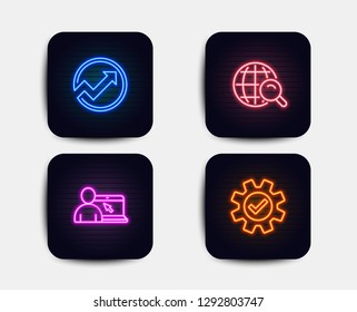 Neon glow lights. Set of Internet search, Audit and Online education icons. Service sign. Web finder, Arrow graph, Internet lectures. Cogwheel gear.  Neon icons. Glowing light banners. Vector
