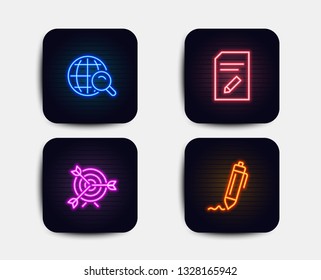 Neon Glow Lights. Set Of Internet Search, Target And Edit Document Icons. Signature Sign. Web Finder, Targeting, Page With Pencil. Written Pen.  Neon Icons. Glowing Light Banners. Vector