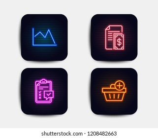 Neon glow lights. Set of Line graph chart, Payment and Checklist icons. Add purchase sign. Financial graph, Cash money, Survey. Shopping order. Neon icons. Glowing light banners. Vector