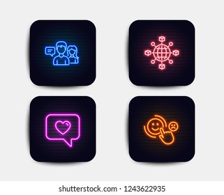 Neon glow lights. Set of Logistics network, People talking and Love message icons. Customer satisfaction sign. International tracking, Contact service, Dating service. Happy smile.  Neon icons