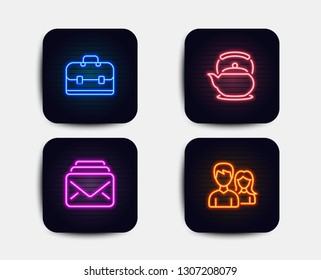 Neon glow lights. Set of Mail, Teapot and Portfolio icons. Couple sign. New messages, Tea kettle, Business case. Male and female.  Neon icons. Glowing light banners. Vector