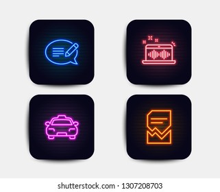 Neon glow lights. Set of Message, Taxi and Music making icons. Corrupted file sign. Speech bubble, Passengers transport, Dj app. Damaged document.  Neon icons. Glowing light banners. Vector