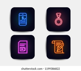 Neon glow lights. Set of Mobile finance, Video file and Medal icons. Feather sign. Phone accounting, Vlog page, Winner. Copyright page.  Neon icons. Glowing light banners. Vector