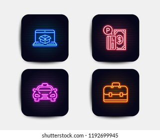 Neon glow lights. Set of Online delivery, Taxi and Parking payment icons. Portfolio sign. Parcel tracking website, Public transportation, Paid garage. Business case.  Neon icons. Glowing light banners