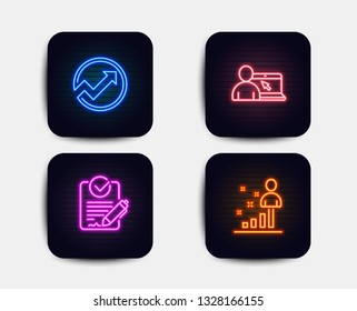 Neon glow lights. Set of Online education, Rfp and Audit icons. Stats sign. Internet lectures, Request for proposal, Arrow graph. Business analysis.  Neon icons. Glowing light banners. Vector