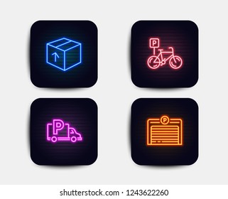 Neon glow lights. Set of Package, Bicycle parking and Truck parking icons. Delivery pack, Bike park, Free park. Automatic door.  Neon icons. Glowing light banners. Vector