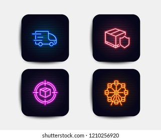 Neon glow lights. Set of Parcel tracking, Delivery insurance and Truck delivery icons. Ferris wheel sign. Box in target, Parcel protection, Express service. Attraction park.  Neon icons. Vector