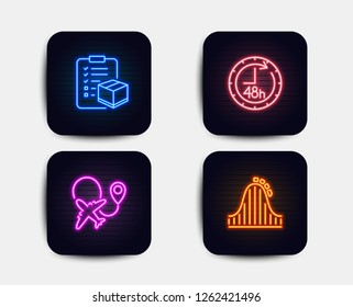 Neon glow lights. Set of Parcel checklist, Airplane and 48 hours icons. Roller coaster sign. Logistics check, Plane, Delivery service. Attraction park.  Neon icons. Glowing light banners. Vector
