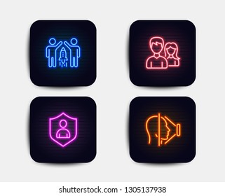 Neon glow lights. Set of Partnership, Security and Teamwork icons. Face id sign. Business startup, Private protection, Man with woman. Phone scanning.  Neon icons. Glowing light banners. Vector