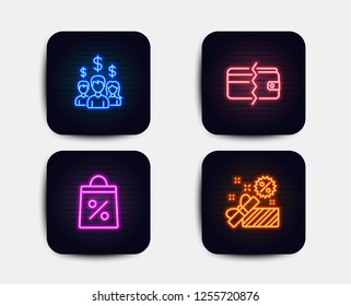 Neon glow lights. Set of Payment methods, Salary employees and Shopping bag icons. Sale sign. Wallet cash, People earnings, Supermarket discounts. Gift box.  Neon icons. Glowing light banners. Vector