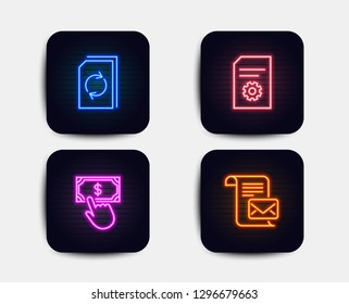 Neon glow lights. Set of Payment click, File settings and Update document icons. Mail letter sign. Financial transfer, File management, Read e-mail.  Neon icons. Glowing light banners. Vector