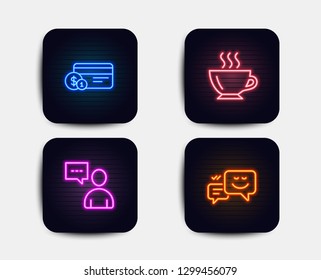 Neon glow lights. Set of Payment method, Users chat and Coffee icons. Happy emotion sign. Cash or non-cash payment, Communication concept, Cappuccino. Web chat.  Neon icons. Glowing light banners