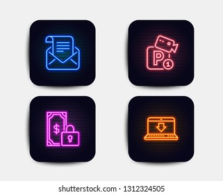 Neon glow lights. Set of Private payment, Mail newsletter and Parking security icons. Internet downloading sign. Secure finance, Open e-mail, Video camera. Load data.  Neon icons. Vector