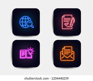 Neon glow lights. Set of Product knowledge, Internet search and Approved agreement icons. Mail correspondence sign. Education process, Web finder, Signature document. E-mail newsletter.  Neon icons