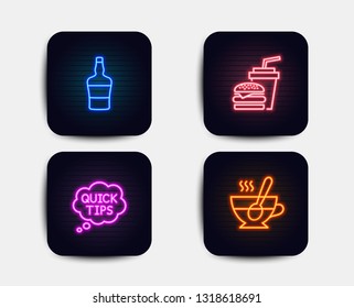 Neon glow lights. Set of Quick tips, Scotch bottle and Hamburger icons. Tea cup sign. Helpful tricks, Brandy alcohol, Burger with drink. Coffee with spoon.  Neon icons. Glowing light banners. Vector