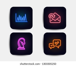 Neon glow lights. Set of Receive mail, Line graph and Marketing strategy icons. Approve sign. Incoming message, Market diagram, Chess knight. Accepted message.  Neon icons. Glowing light banners